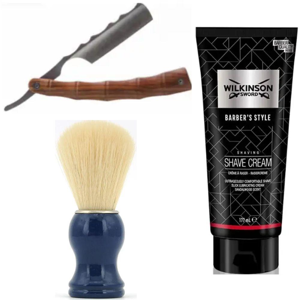 Небезпечна бритва/шавета розкладна Straight Razor + помазок SHIMA синій + крем для гоління Wilkinson Sword Barber's Style Shave, фото 1