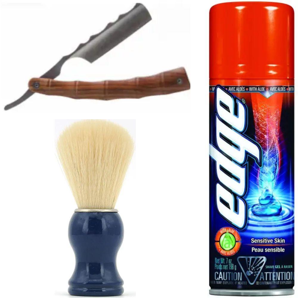 Небезпечна бритва/шавета розкладна Straight Razor + помазок SHIMA синій + гель для гоління Wilkinson Sword EDGE Sensitive, фото 1