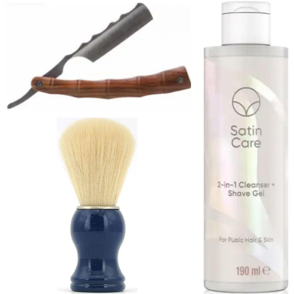 Небезпечна бритва/шавета розкладна Straight Razor + помазок SHIMA синій + гель для гоління Gillette Venus Venus Satin Care 2 в 1, фото 1