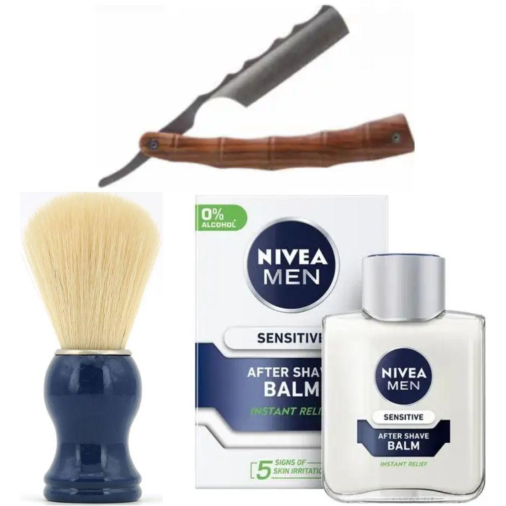 Небезпечна бритва/шавета розкладна Straight Razor + помазок SHIMA синій + бальзам після гоління Nivea Men Sensitivе 100 мл, фото 1