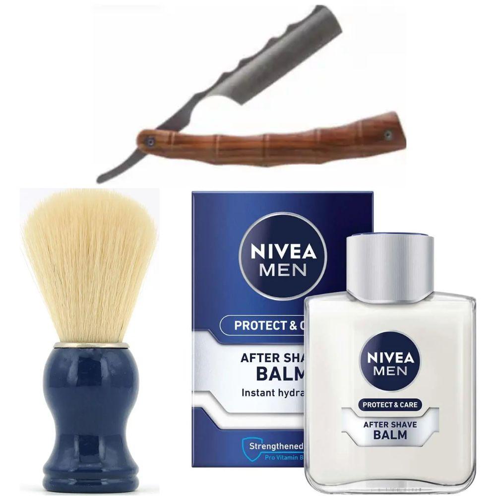 Небезпечна бритва/шавета розкладна Straight Razor + помазок SHIMA синій + бальзам після гоління Nivea Men Protect & Care 100 мл, фото 1