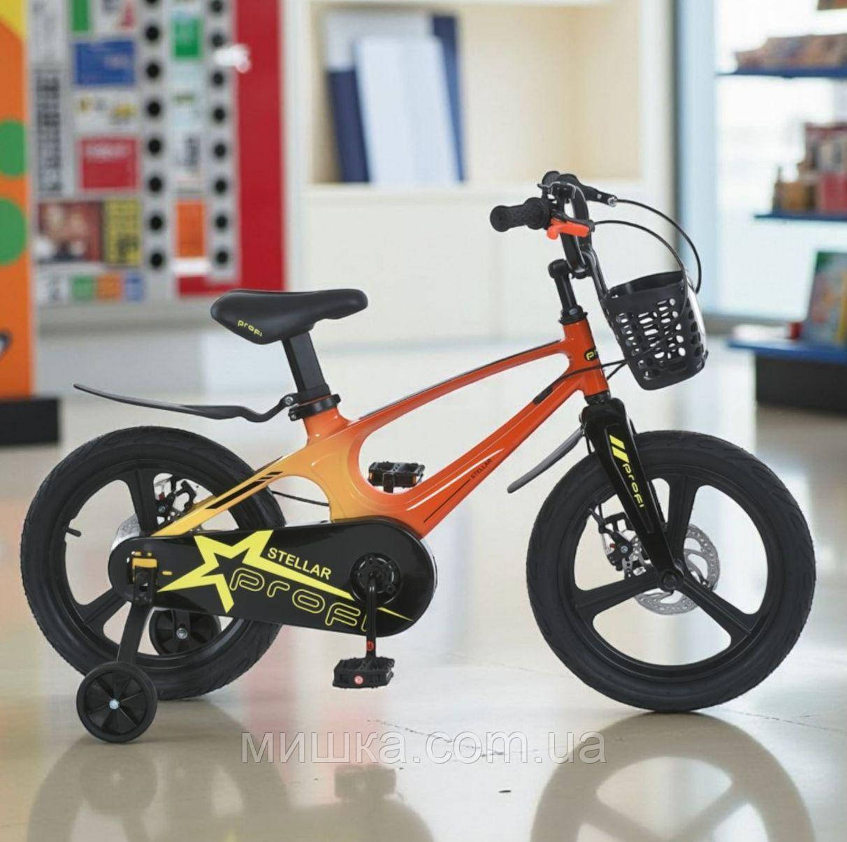 Дитячий магнієвий велосипед, доп.колеса, крила, кошик, дискові гальма, PROF1 14", фото 1