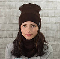 Жіноча зимова в'язана шапка з відворотом + комплект баф-снуд коричневий, утеплена, стильна, комфортна, One Size