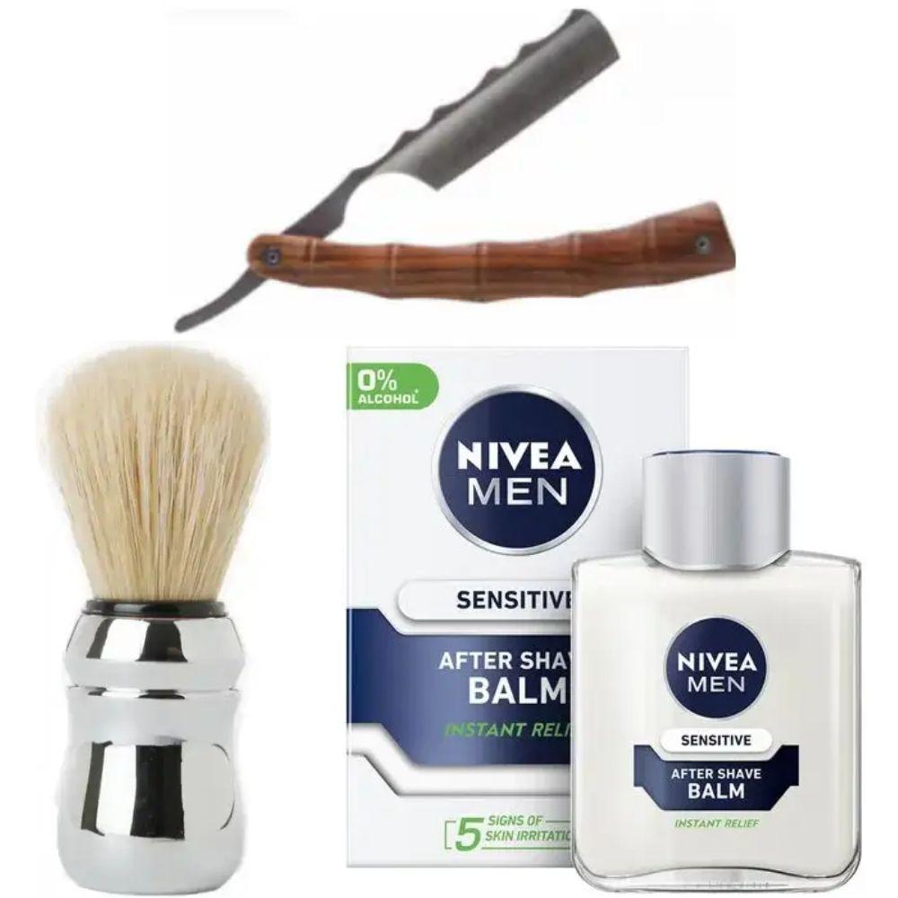 Небезпечна бритва/шавета розкладна Straight Razor + помазок Proraso + бальзам після гоління Nivea Men Sensitivе 100 мл, фото 1