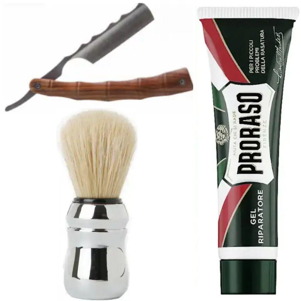 Небезпечна бритва/шавета розкладна Straight Razor + помазок Proraso + гель від порізів Proraso Razor Cut Repair Gel, фото 1