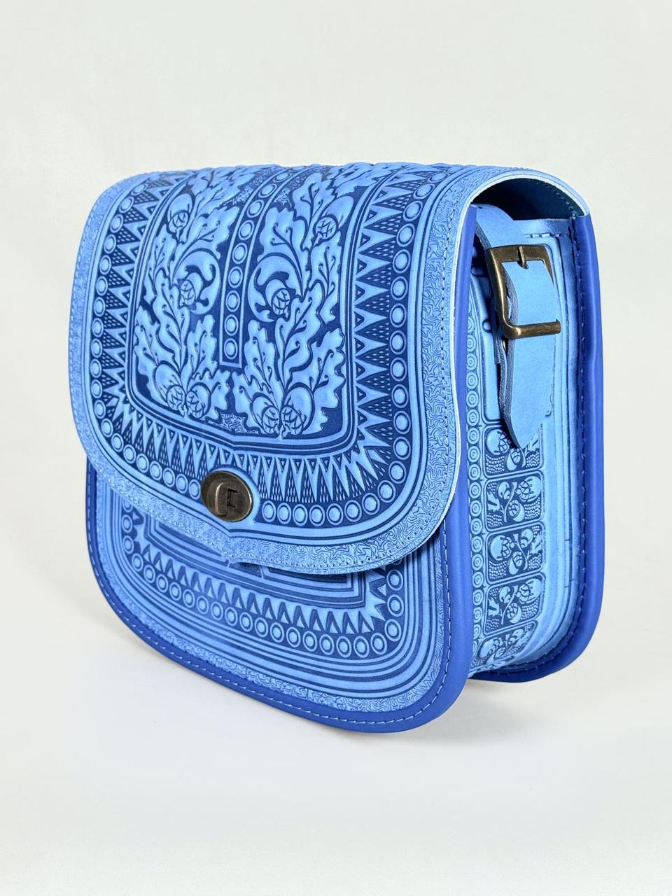 Авторська шкіряна сумка ручної роботи «Дубок» блакитного кольору, 25×26×10 см, фото 1