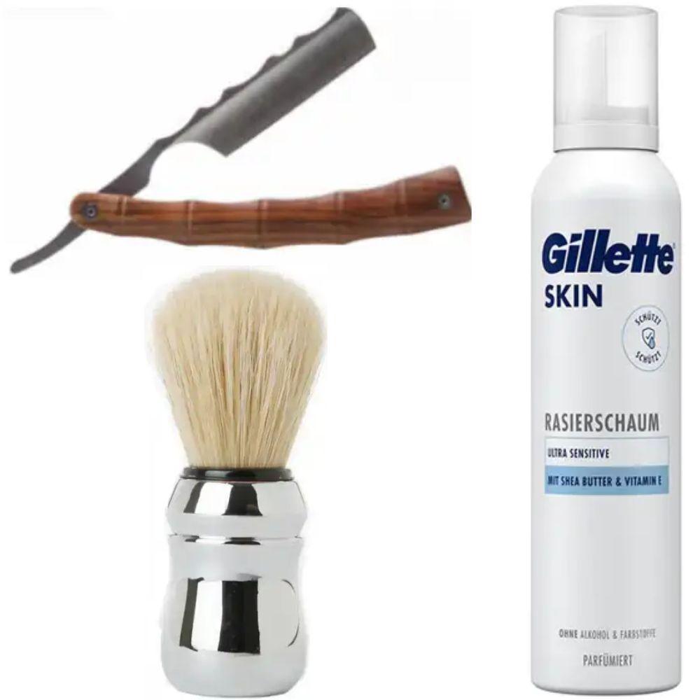 Небезпечна бритва/шавета розкладна Straight Razor + помазок Proraso + піна для гоління Gillette Skin Ultra Sensitive, фото 1