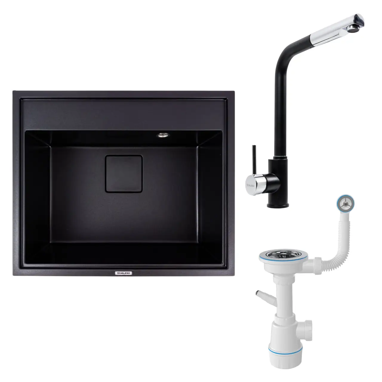 Комплект: мийка VALESO SHERLIT 6050 + змішувач Q411MB + сифон чорний, фото 1