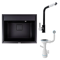 Комплект: мийка VALESO SHERLIT 6050 + змішувач Q411MB + сифон чорний