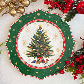 Новорічна порцелянова тарілка сервірувальна D21*1.3см з малюнком ялинка