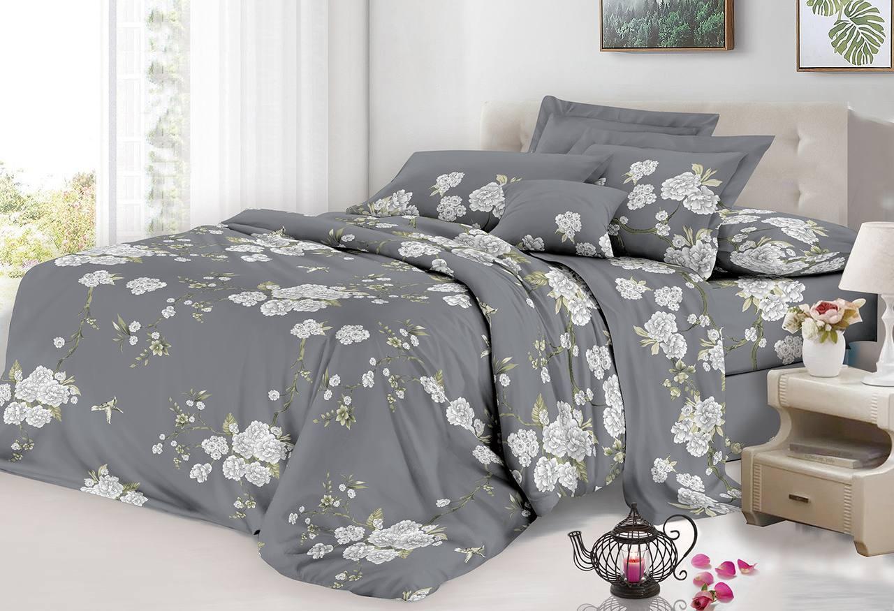Комплект постільної білизни Бязь Сірий з квітами Євро розмір 200х220, фото 1