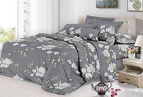 Комплект постільної білизни Бязь Сірий з квітами Полуторний розмір 150х220