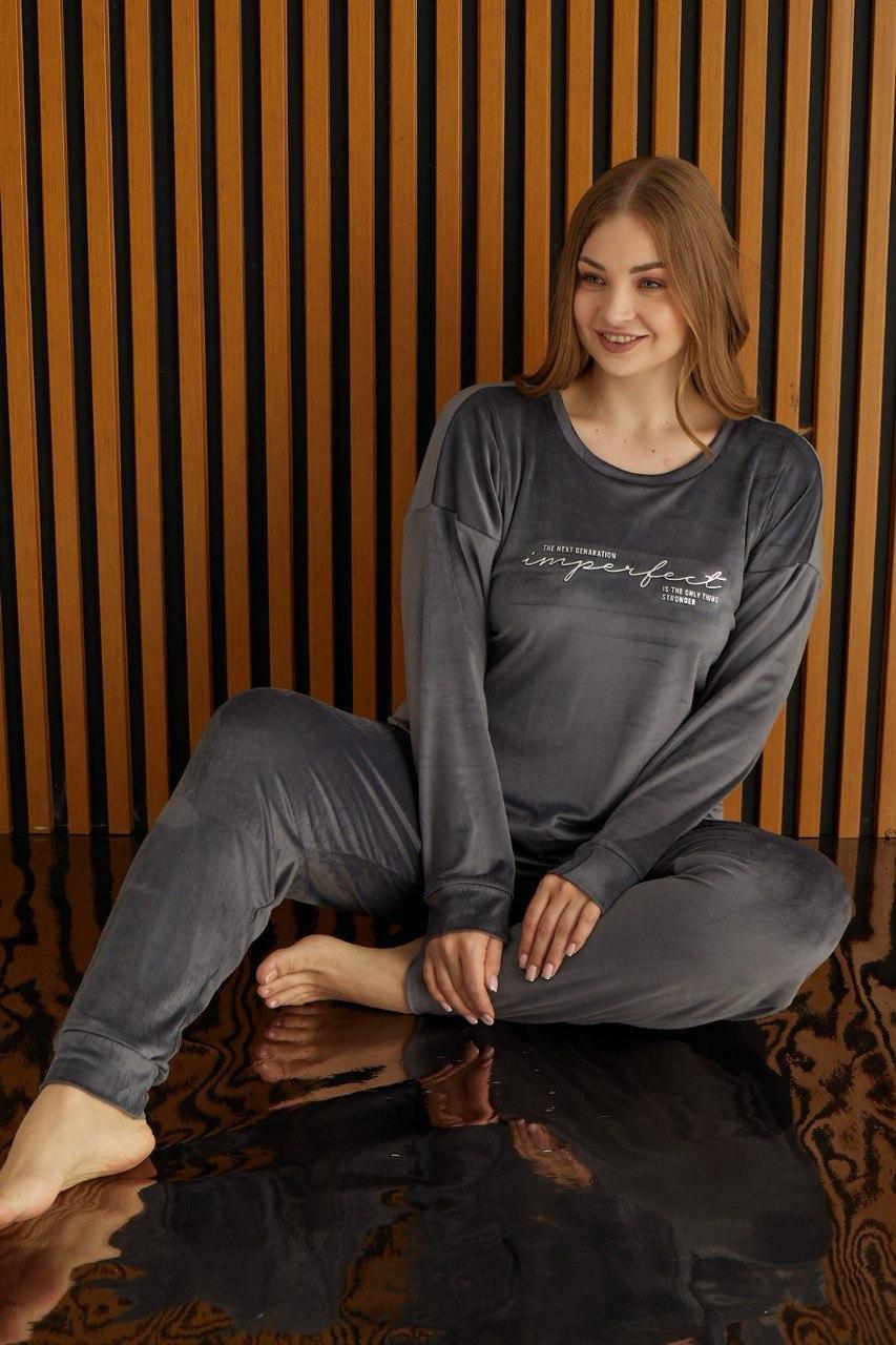 Домашня жіноча піжама-костюм з велюру, графіт 3XL, фото 1