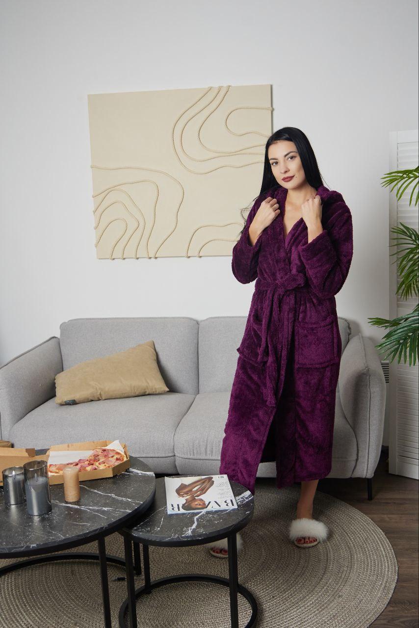 Халат махровий жіночий БАТАЛ 2XL-5XL довгий З КАПЮШОНОМ МАРСАЛА 1024, фото 1