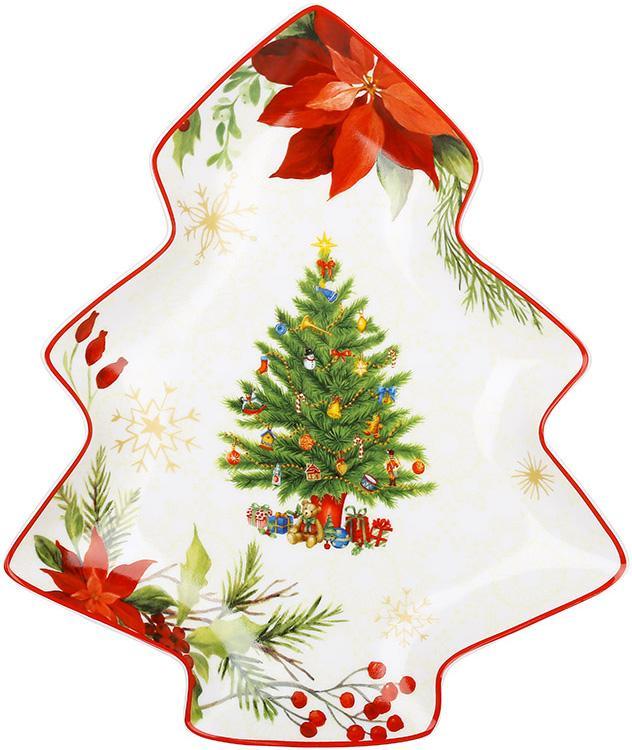 Тарілка сервірувальна порцелянова "Christmas Story" 25х22 см, у формі ялинки, білий із червоним, фото 1