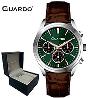 Часы классика мужские наручные на кожаном ремешке коричневом кварцевые зелёный циферблат дата Guardo 012836-2