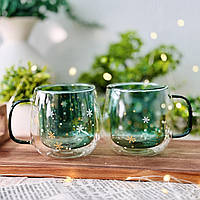 Набір чашок з подвійним дном Новорічні 2 шт. 350 мл "Північне Сяйво"