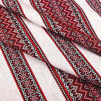 Лляная ткань с украинским орнаментом "Рандеву красный" (от 1 м)
