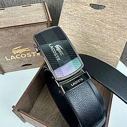 Чоловічий шкіряний ремінь автомат Lacoste «Крокодил» — чорний, натуральна шкіра
