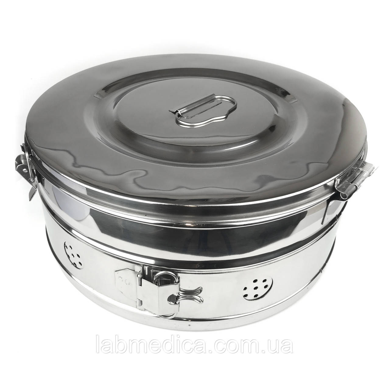 Коробка стерилізаційна з неіржавкої сталі Schimmelbusch No 12. Діаметр 340 мм, висота 145 мм, об'єм 13 л, фото 1