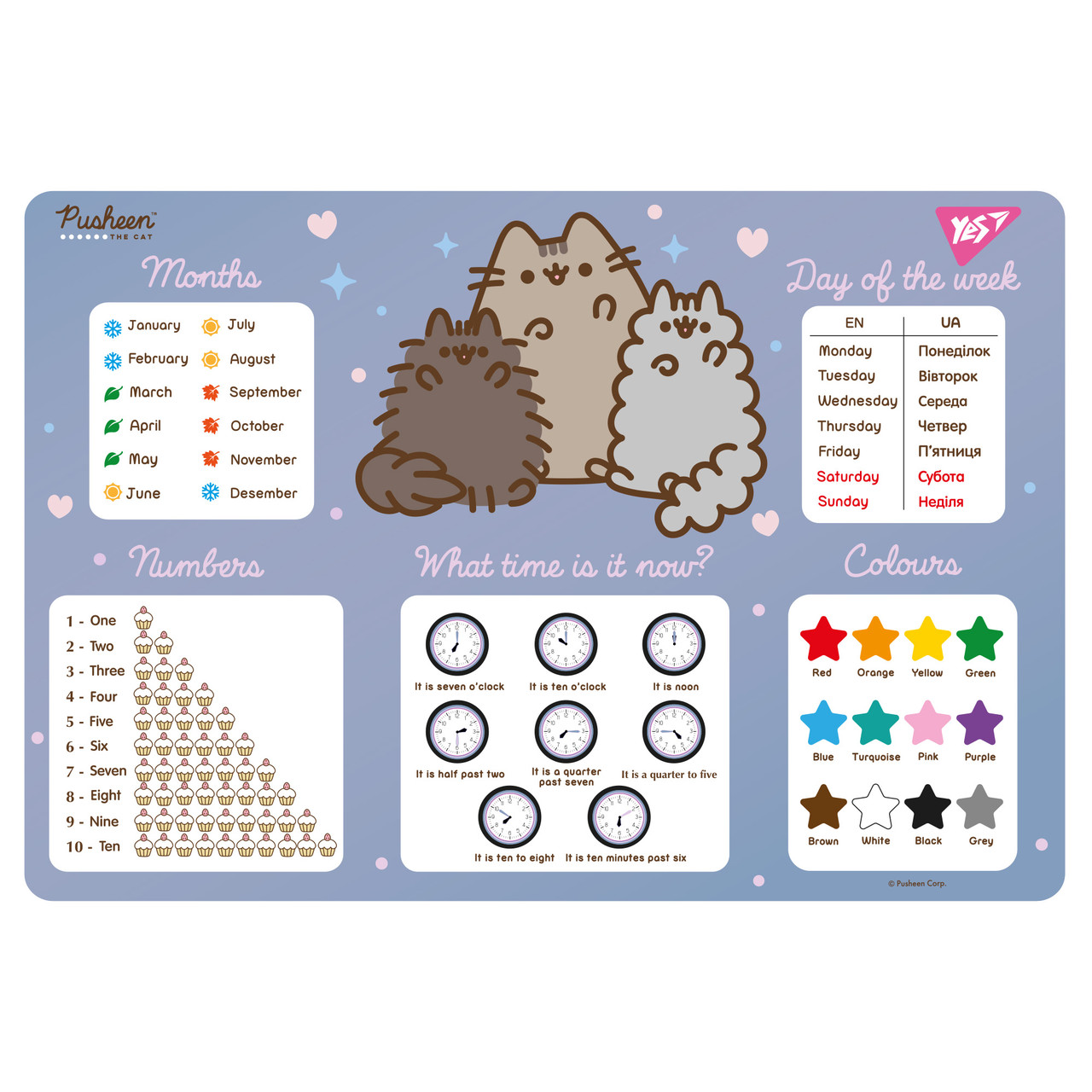 Підкладка пластикова для столу Yes Pusheen з підказками англ А3 блакитна (492321), фото 1