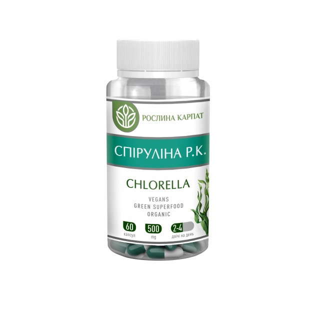 Натуральна добавка Спіруліна Р.К. Chlorella "Рослина Карпат" 500 мг 60 капсул, фото 1