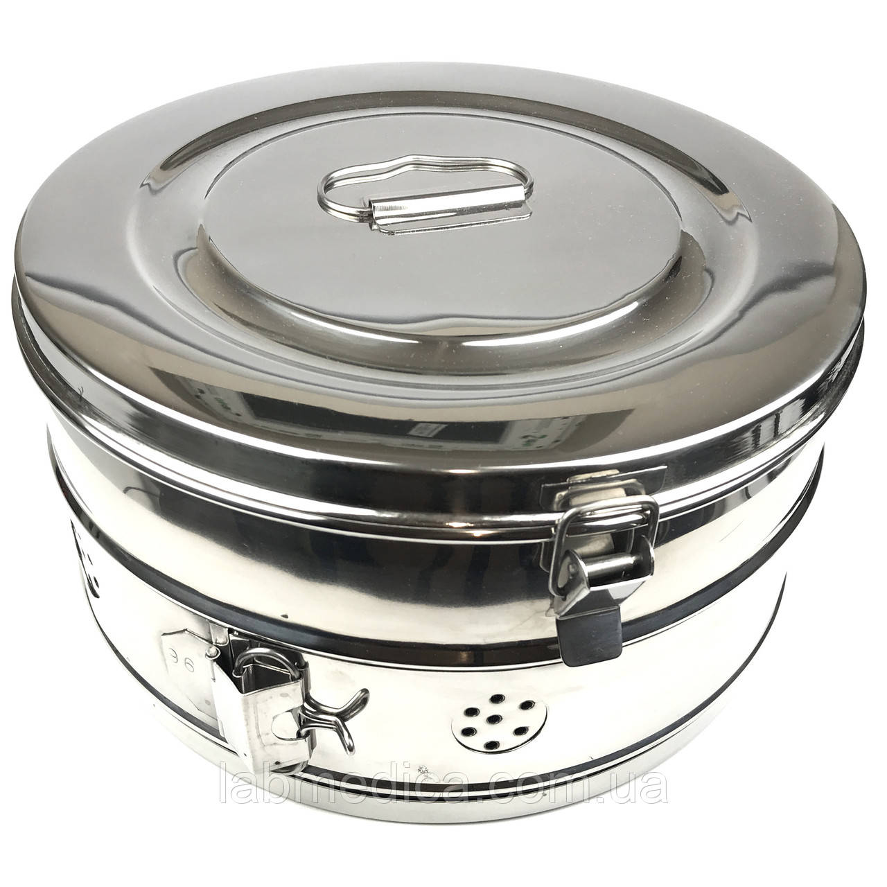 Коробка стерилізаційна з неіржавкої сталі Schimmelbusch No 9. Діаметр 290 мм, висота 145 мм, об'єм 9,5 л, фото 1