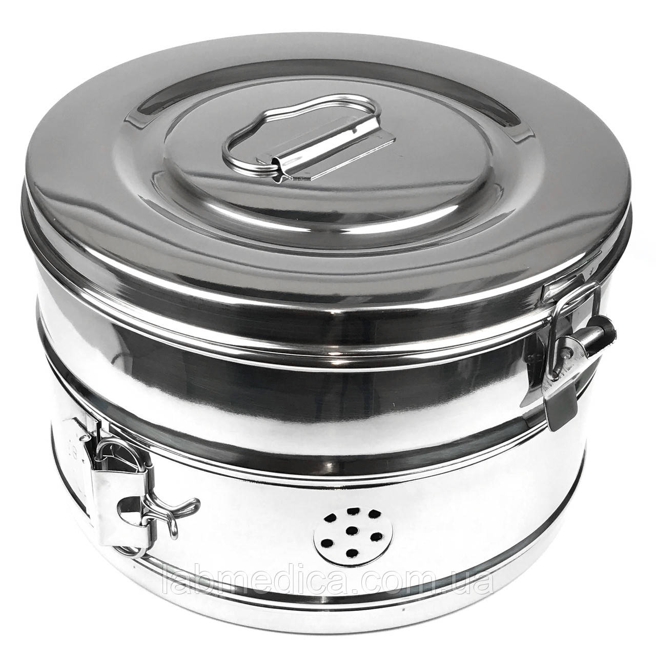 Коробка стерилізаційна з неіржавкої сталі Schimmelbusch No 6. Діаметр 240 мм, висота 145 мм, об'єм 6,5 л, фото 1