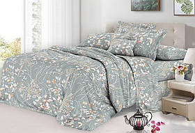 Комплект постільної білизни Бязь Сірувато-зелений з квітами Полуторний розмір 150х220