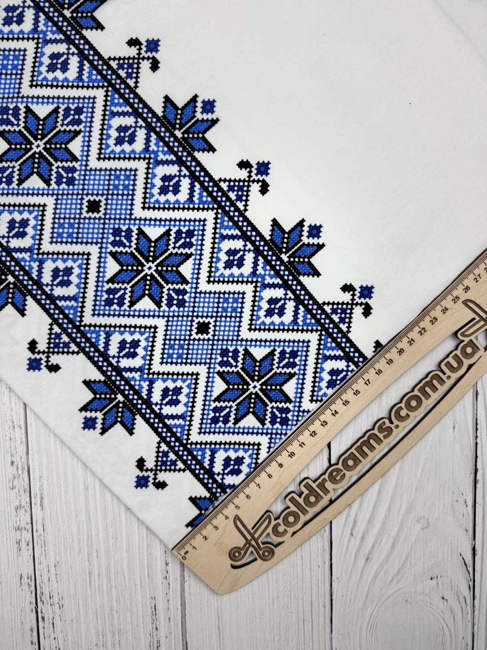 Стрейч кулір принт "Вишиванка синяя на світлом" - 180см. (діджитал)ВІДРІЗ 0.40см, фото 1