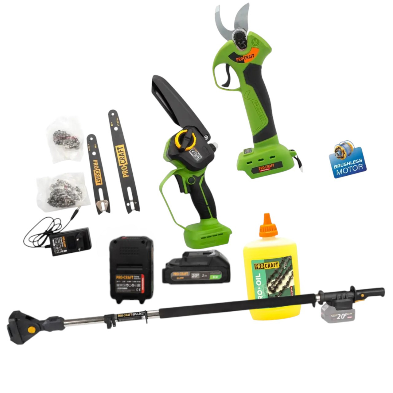 Комплект акумуляторного інструменту Procraft пилка PKA-44 + секатор ES-28Li + подовжувач EP-2.0 + олива., фото 1