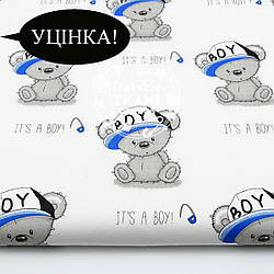 Уцінка! Бязь "Ведмедики Boy в кепці на білому фоні" №1601
