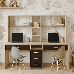 Подвійний письмовий робочий стіл на 2 рабочих місця з полицями 200 см КС-02 Київський Стандарт дуб молочний/венге