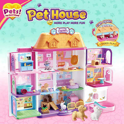 Казковий ляльковий будиночок триповерховий готель для тварин з набором вихованців Іграшка розкладається Звук дзвінка