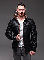 Чоловіча тепла шкіряна куртка на зиму з хутром без капюшона чорна