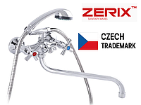 Змішувач для ванної двовенний настінний з довгим гусаком хром із лійкою та шлангом у ванну якісний dfrche