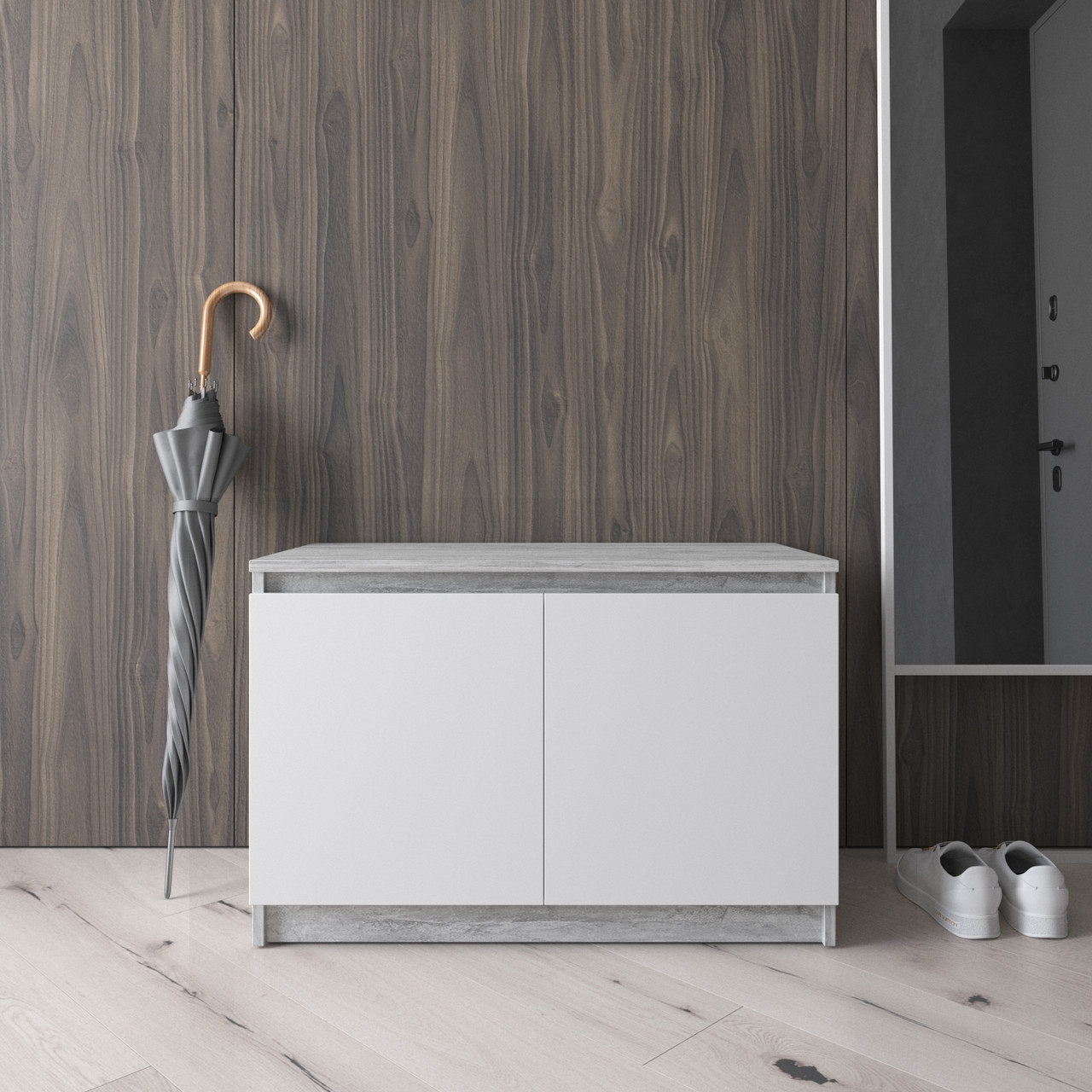 Тумба під взуття бетон з білим фасадом на 2 полиці 80×40×53 см, фото 1