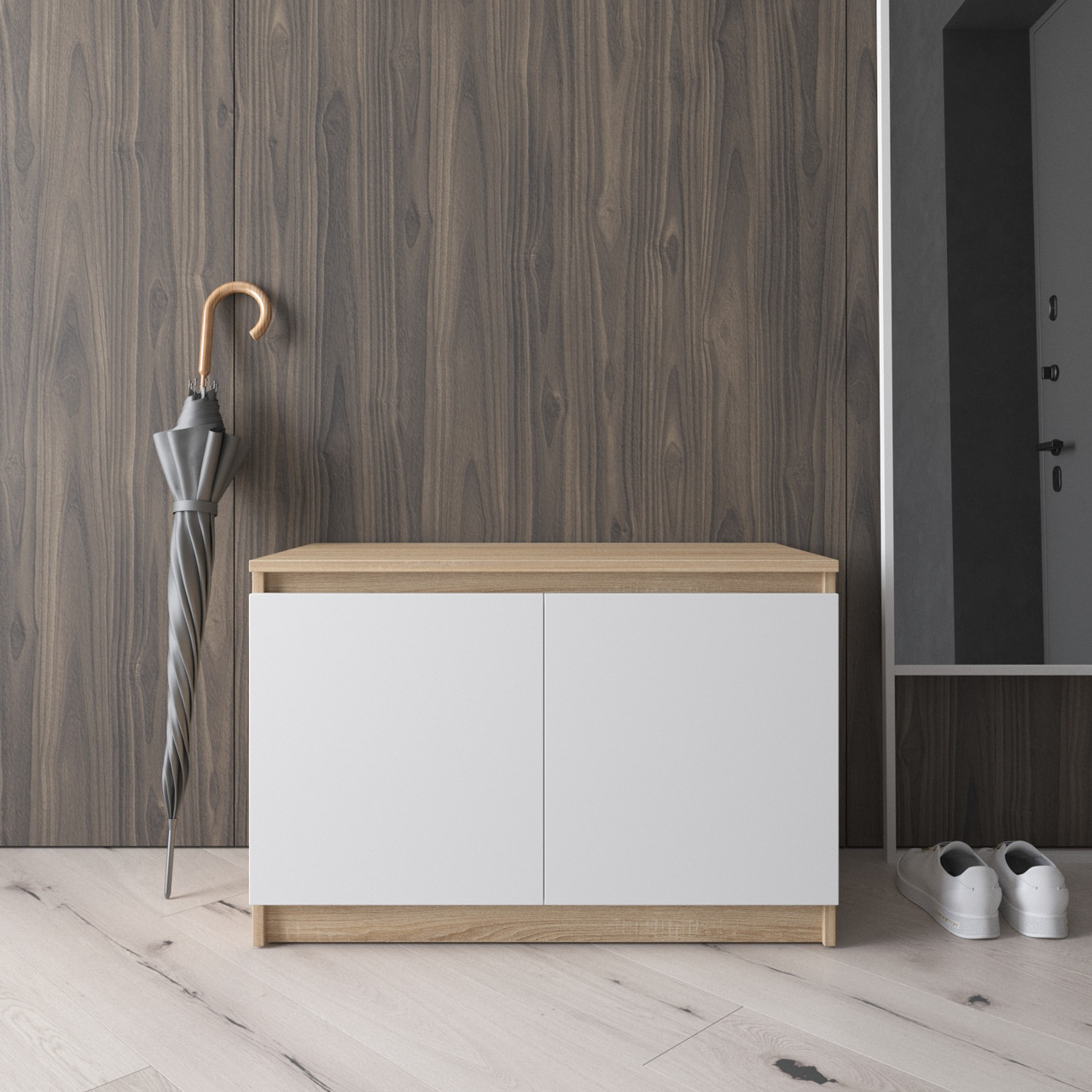 Тумба під взуття дуб сонома з білим фасадом на 2 полиці 80×40×53 см, фото 1