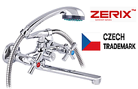 Змішувач для ванної двовенний настінний з довгим гусаком хром із лійкою та шлангом у ванну якісний dmt711