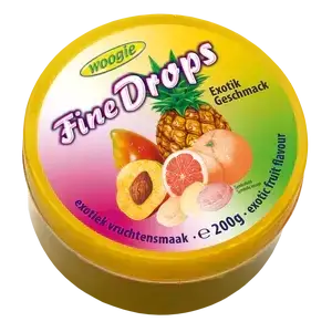 Льодяники зі смаком тропічних фруктів Woogie Fine Drops ж/б, мікс екзотичних фруктів 200 г (Австрія)