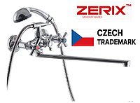 Змішувач для ванної двовенний настінний з довгим гусаком хром із лійкою та шлангом у ванну якісний seel