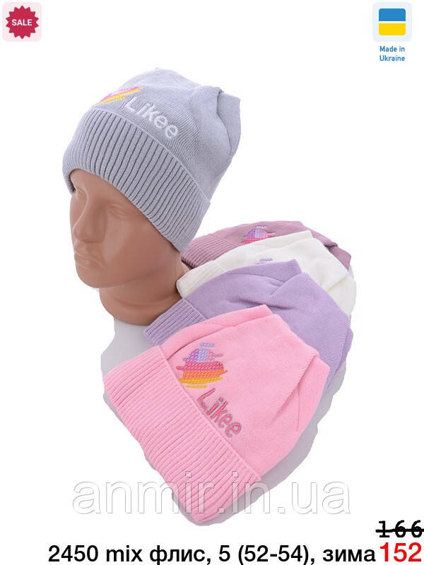 Зимова шапка дитяча на флісі LIKEE для дівчинки розмір 52-54, кольору міксом