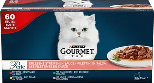 Корм для котів Gourmet Perle Fileciki в соусі з кроликом, яловичиною, лососем, куркою, 60x85 г
