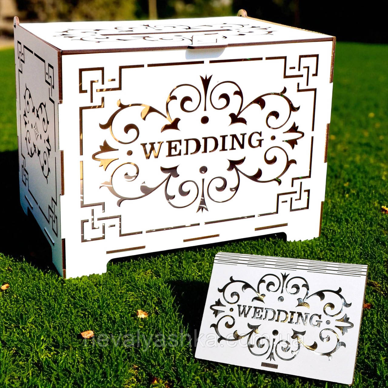 Весільний Комплект Скарбничка Wedding + Коробочка для Обручок Набір Весілля Скриня для Грошей і Конвертів, Підставка для Кілець