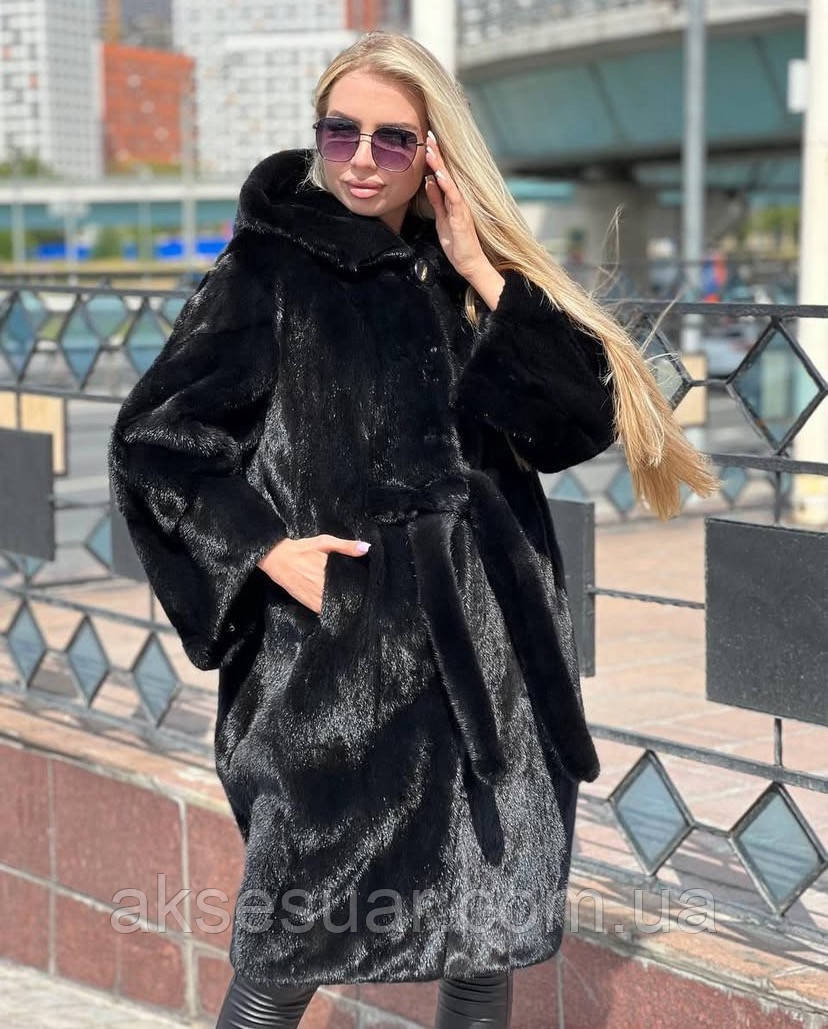 Шуба-халат норкова натуральне незбиране хутро, колір чорний із капюшоном 110 см., фото 1