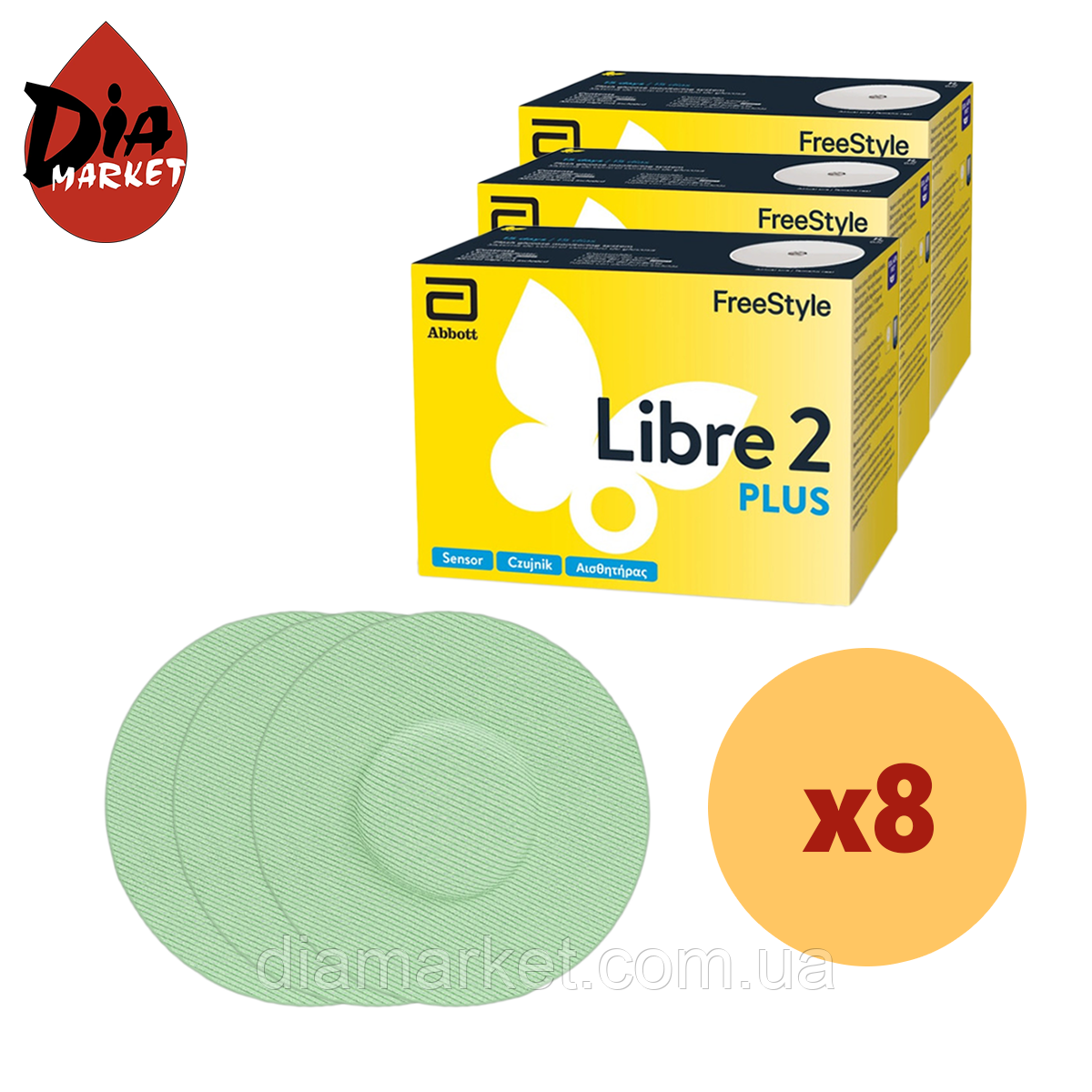 Сенсор Freestyle Libre 2 Plus (ФріСтайл Лібре 2 Плюс) 8 уп. і 8 кольорових тейпів у комплекті, фото 1