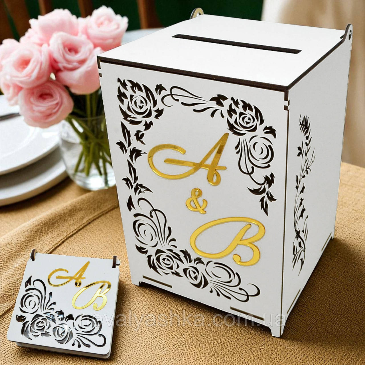 Весільний Комплект Скарбничка з Ініціалами +Коробочка для Обручок Набір Весілля Скриня для Грошей і Конвертів,Підставка для Кілець