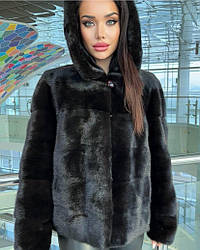 Шуба натуральна скандинавська норка-автоледі 70см з капюшоном Колір чорний