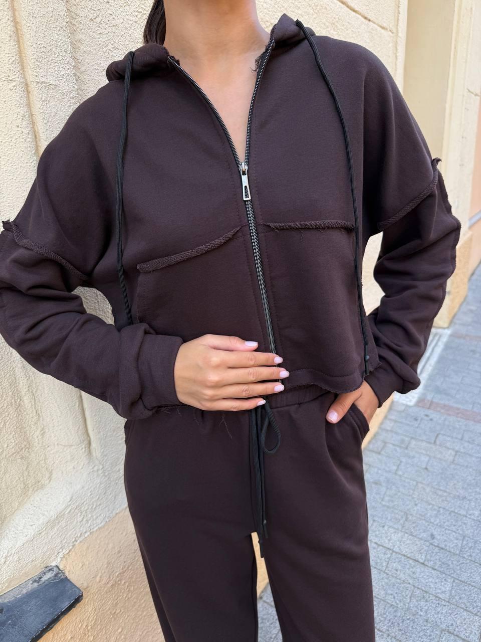 Коричневий жіночий базовий стильний костюм-двійка тринитка петля із зовнішніми швами: Штани та Кофта на блискавці, фото 1