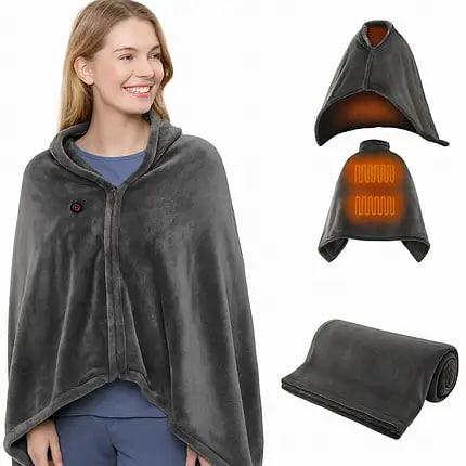 Плед-накидка з підігрівом, плед-пончо що зігріває з роботою від USB Electric Heating Shawl Blanket сіре